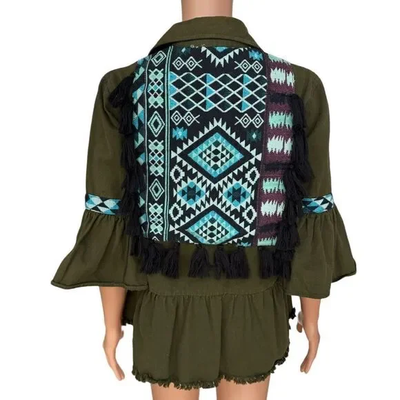 Anthropologie Beautiful Stories Inika Olive Green Utility Jacket XS Embroidered - Picture 3 of 7